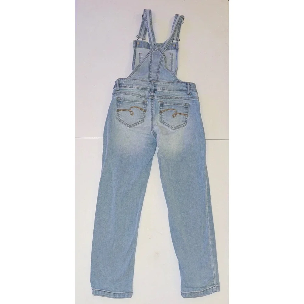 Justice Overalls Girls Size 7 Light Blue Denim Lace Floral Distressed Stretch